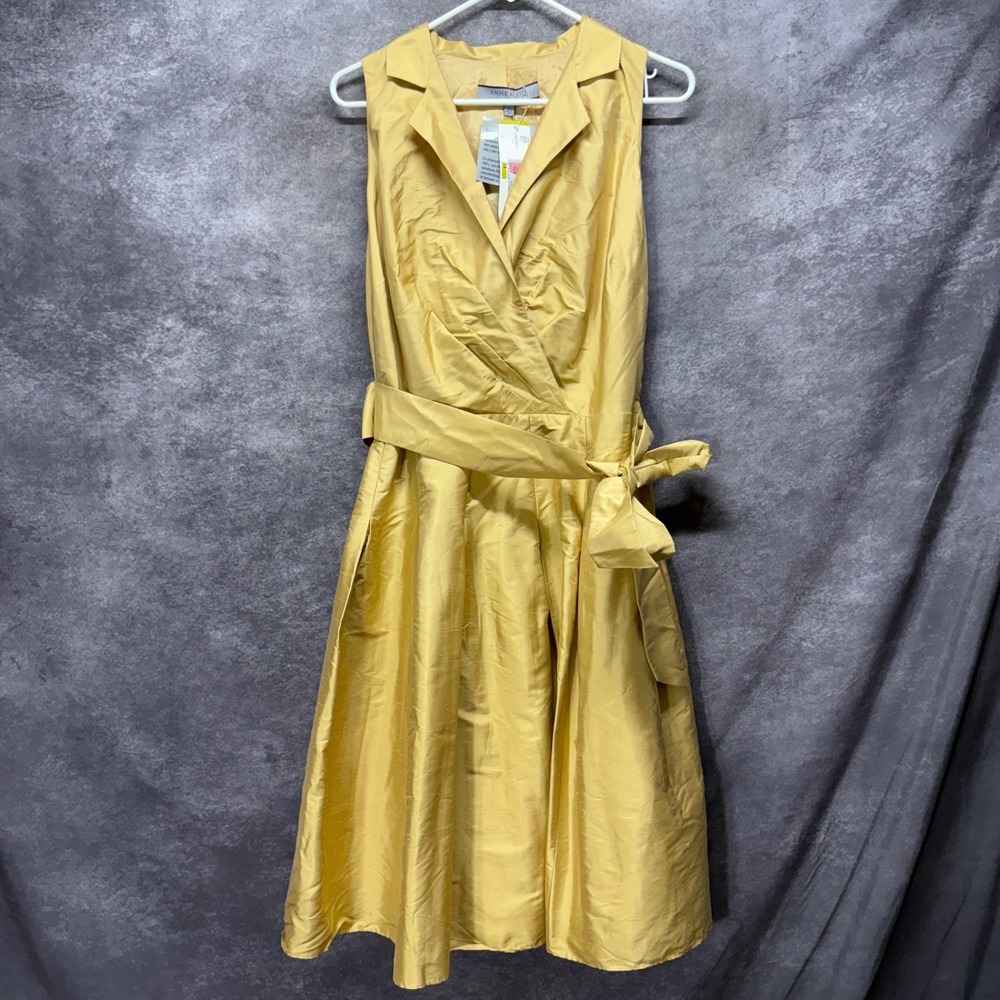Anne Klein 100% Silk Sleeveless Belted Faux Wrap Dress Size 14 Gold Old Money